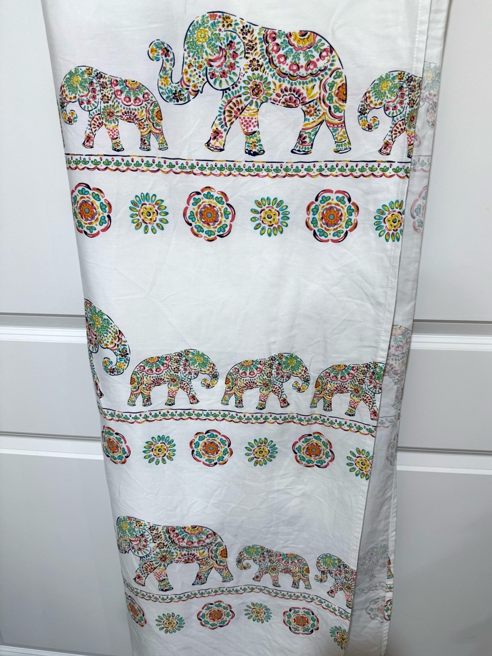 Cynthia Rowley White Fabric Shower Curtain with Multicolor Floral Elephant Print